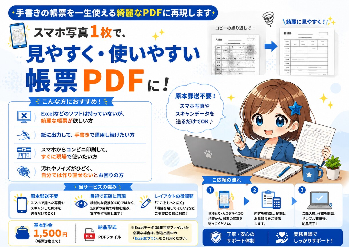 手書きの帳票を一生使える綺麗なPDFに再現します スマホ写真1枚で、ボロボロの帳票を一生使えるPDFへ イメージ1