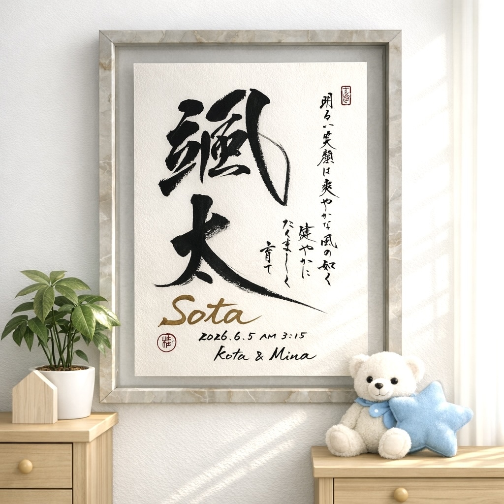 額に入った命名書。名前の筆文字の横に、名前に込めた願いの言葉が添えられている
